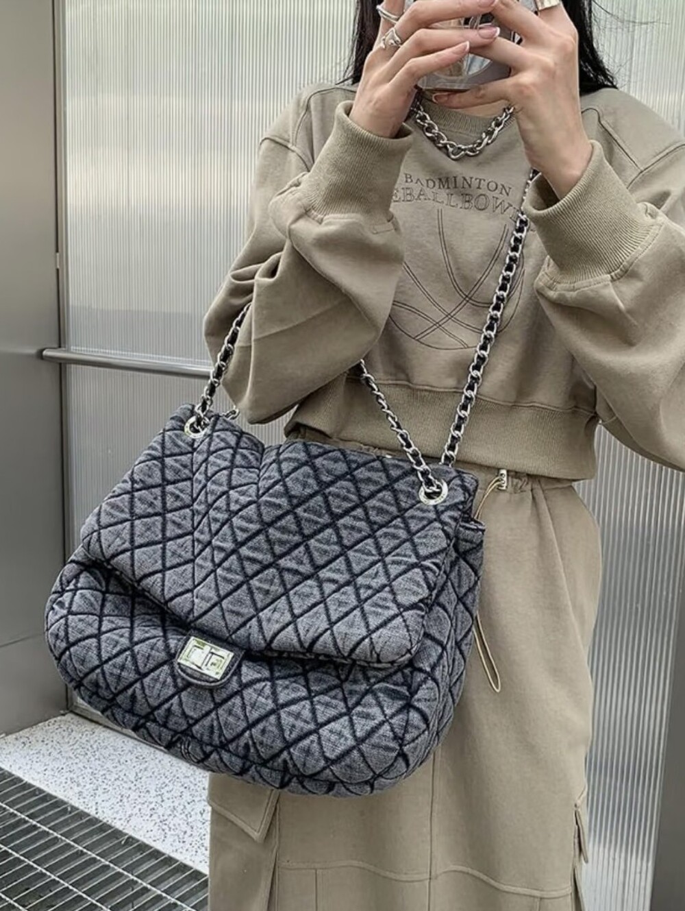 XL Black and Gray Quilted Distressed Women's Purse Bag